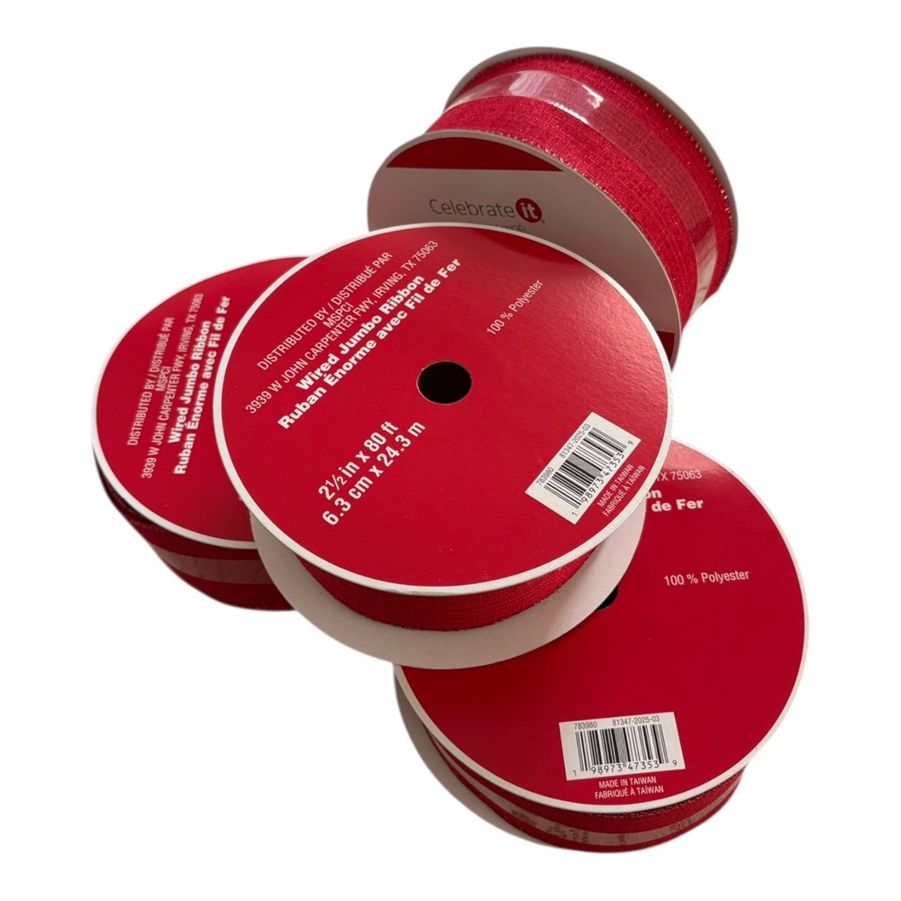 Celebrate It Ribbon Lot of 4 Red Wired Jumbo 2.5” x 80 ft Christmas Noel